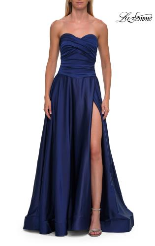 Picture of: Strapless Satin A-Line Gown with Draped Bodice and High Slit in Navy, Style: 33417, Detail Picture 21