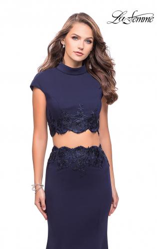 Picture of: Two Piece Jersey Applique Gown with Short Sleeves in Navy, Style: 26196, Detail Picture 1