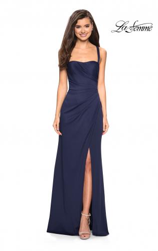 Picture of: Long Jersey Gown with Size Ruching and Slit in Navy, Style: 27470, Back Picture