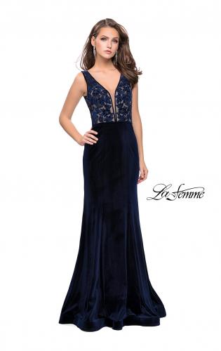 Picture of: Long Embellished Velvet Prom Dress with a Low V Back in Navy, Style: 25824, Detail Picture 2