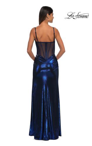 Picture of: Metallic Jersey Fitted Dress with Corset Top and Sheer Back in Navy, Style: 32526, Detail Picture 2
