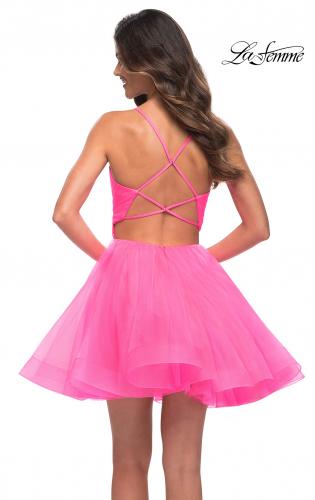 Picture of: Neon Short Fit and Flare Tulle Dress with Open Back in Neon Pink, Back Picture