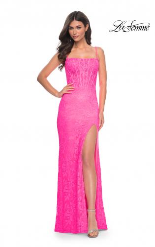 Picture of: Stretch Lace Prom Dress with Boning Detail on Bodice in Pink, Style: 32423, Detail Picture 1