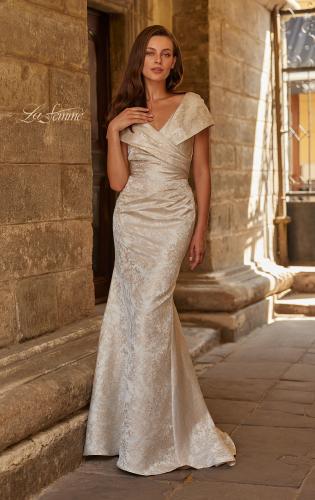Picture of: Jacquard Off-Shoulder Gown with Folded Collar in Nude, Style: 33428, Main Picture