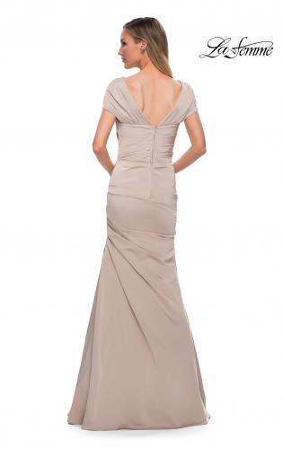 Picture of: Lovely Ruched Mermaid Satin Gown with Unique Neckline in Nude, Back Picture