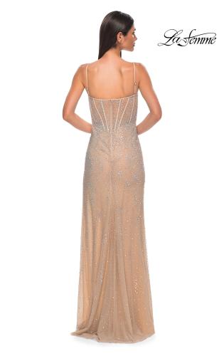 Picture of: Rhinestone Embellished Prom Dress with U Slit in Nude , Style 32366, Detail Picture 2