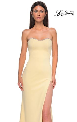 Picture of: Jersey Strapless Dress with Sweetheart Rhinestone Lined Neckline in Pale Yellow, Style 32829, Detail Picture 9