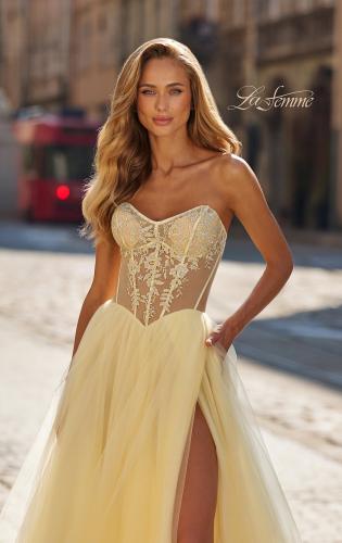 Picture of: Strapless Corset Gown with Tulle Skirt and High Slit in Pale Yellow, Style: 33491, Detail Picture 10