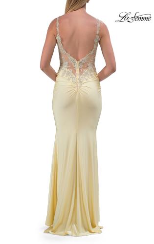 Picture of: Rhinestone Lace Illusion Gown with Low Back in Pale Yellow, Style: 33731, Detail Picture 12