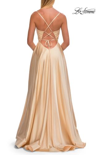 Picture of: A-Line Satin Gown with Draped Bodice, Slit, and Lace-Up Back in Pale Yellow, Style: 33373, Detail Picture 15