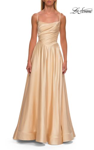 Picture of: A-Line Satin Gown with Draped Bodice, Slit, and Lace-Up Back in Pale Yellow, Style: 33373, Detail Picture 16