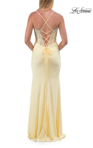 Picture of: Lace Corset Gown with High Slit and Lace-Up Back in Pale Yellow, Style: 33505, Detail Picture 16