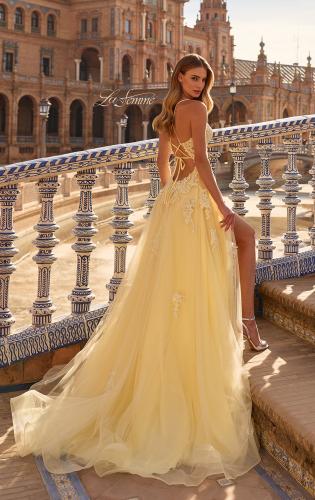 Picture of: Floral Beaded Tulle Gown with Slit and Lace-Up Back in Pale Yellow, Style: 33716, Back Picture