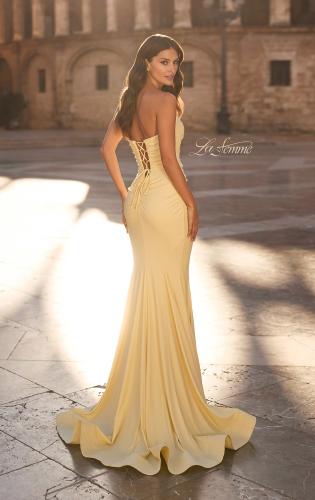 Picture of: Strapless Jersey Mermaid Gown with Ruched Bodice and Lace-Up Back in Pale Yellow, Style: 33864, Back Picture