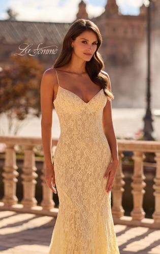 Picture of: Lace Fitted Gown with Sheer Back and Spaghetti Straps in Pale Yellow, Style: 33452, Detail Picture 4