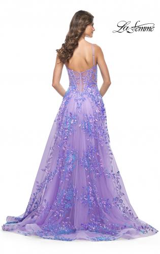 Picture of: Sequin Lace Print Tulle A-Line Prom Dress with Illusion Bodice in Periwinkle, Style: 32223, Back Picture