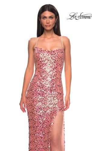 Picture of: Sequin Paillette Pink Prom Dress with Slit in Pink , Style 32550, Detail Picture 1