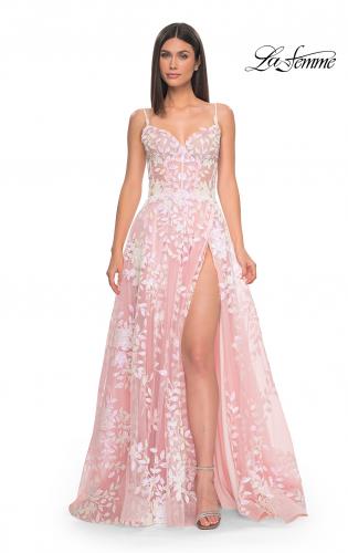Picture of: Sequin Lace Print Tulle A-Line Prom Dress with Illusion Bodice in Pink, Style: 32223, Detail Picture 2