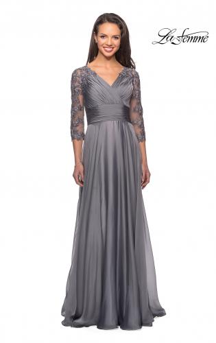 Picture of: Floor Length Chiffon Dress with Lace Sleeves in Platinum, Style: 27153, Detail Picture 1