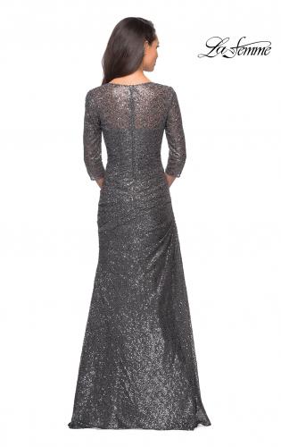 Picture of: Floor Length Sequin Gown wtih Ruching and Sleeves in Platinum, Style: 28065, Detail Picture 2