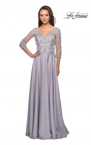 Picture of: Floor Length Satin Dress with Lace Detail and Pockets in Platinum, Style: 27235, Detail Picture 4