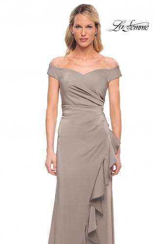 Picture of: Off the Shoulder Jersey Evening Gown with Ruffle Skirt Detail in Platinum, Detail Picture 6