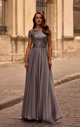 Picture of: Short Sleeve Metallic Lace Evening Dress with Chiffon Skirt, Style: 27924, Main Picture