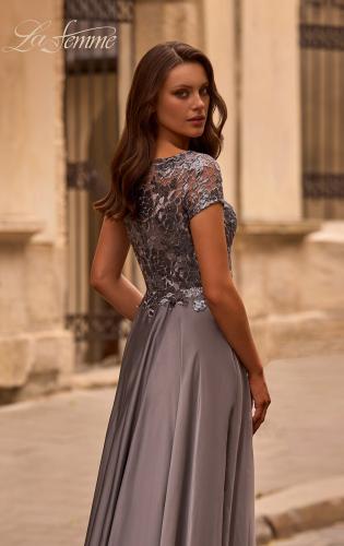 Picture of: Short Sleeve Metallic Lace Evening Dress with Chiffon Skirt, Style: 27924, Detail Picture 2