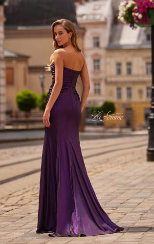 Picture of: Strapless Metallic Jersey Gown with Ruching and Fitted Silhouette in Purple, Style: 33424, Back Picture