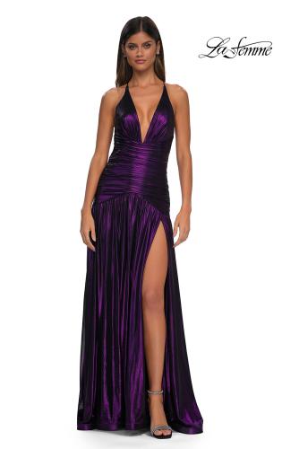 Picture of: Beautiful Long Metallic Net Jersey Gown with Flattering Ruching in Purple, Style: 32887, Detail Picture 6