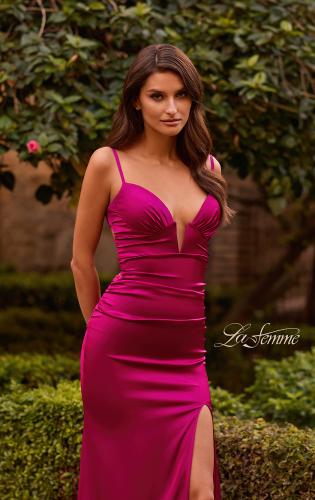 Picture of: Fitted Satin Gown with Plunging Neckline and Strappy Back in Raspberry, Style: 33423, Detail Picture 11
