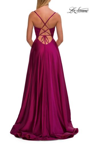 Picture of: A-Line Satin Gown with Draped Bodice, Slit, and Lace-Up Back in Raspberry, Style: 33373, Detail Picture 12