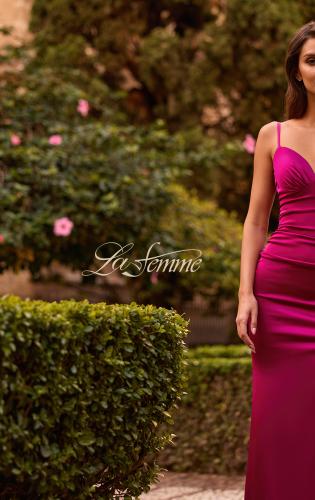 Picture of: Fitted Satin Gown with Plunging Neckline and Strappy Back in Raspberry, Style: 33423, Detail Picture 12, Landscape