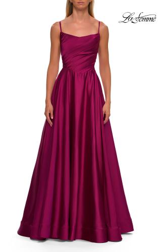 Picture of: A-Line Satin Gown with Draped Bodice, Slit, and Lace-Up Back in Raspberry, Style: 33373, Detail Picture 13
