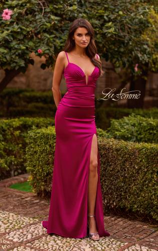 Picture of: Fitted Satin Gown with Plunging Neckline and Strappy Back in Raspberry, Style: 33423, Detail Picture 2