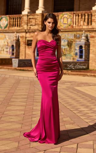 Picture of: Simple Strapless Satin Gown with Ruching Detail in Raspberry, Style: 33531, Detail Picture 3
