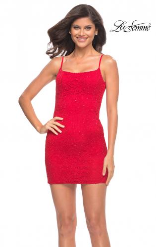 Picture of: Short Fitted Stretch Lace Dress with Square Neckline in Red, Detail Picture 2