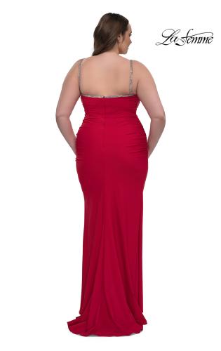 Picture of: Jersey Plus Size Dress with Rhinestone Neckline and Straps in Red , Style: 32992, Back Picture