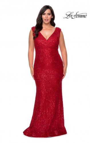 Picture of: Curvy Stretch Lace Dress with V-Neck and Rhinestones in Red, Style: 28837, Detail Picture 2