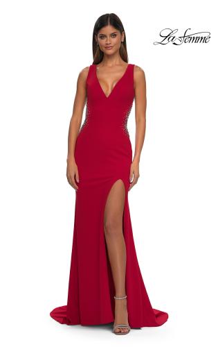 Picture of: Open Back Evening Dress with Rhinestone Embellished Sides and Back in Red, Style: 32922, Detail Picture 9