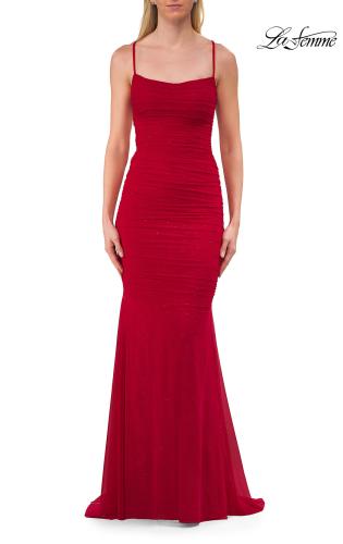 Picture of: Ruched Lace Fitted Gown with Strappy Open Back in Red, Style: 33857, Detail Picture 9