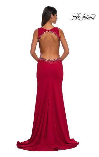 Picture of: Open Back Evening Dress with Rhinestone Embellished Sides and Back in Red, Style: 32922, Detail Picture 10