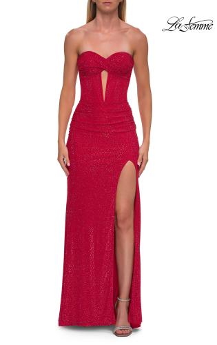 Picture of: Strapless Rhinestone Gown with Keyhole Cutout and Corset Back in Red, Style: 33354, Detail Picture 11