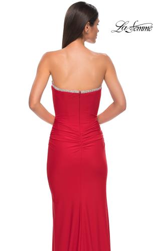 Picture of: Jersey Long Prom Dress with Ruching and Chic Rhinestone Neckline in Red , Style 32756, Detail Picture 14