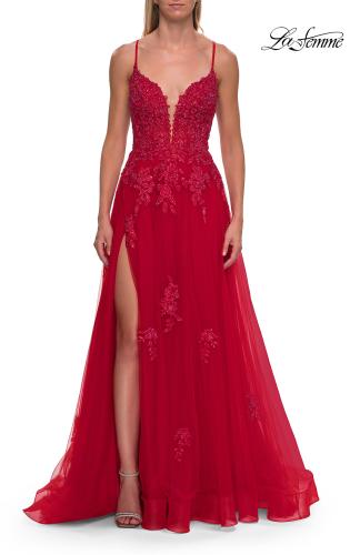 Picture of: Floral Beaded Tulle Gown with Slit and Lace-Up Back in Red, Style: 33716, Detail Picture 14