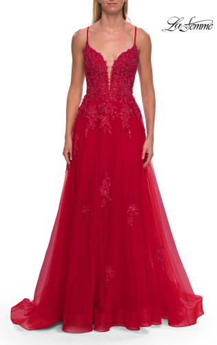 Picture of: Floral Beaded Tulle Gown with Slit and Lace-Up Back in Red, Style: 33716, Detail Picture 16