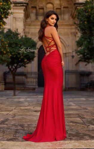 Picture of: Ruched Jersey Gown with Crisscross Open Back in Red, Style: 33723, Back Picture