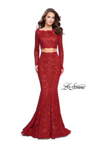 Picture of: Mermaid Style Lace Two Piece Dress with Scalloped Trim in Red, Style: 25668, Detail Picture 1