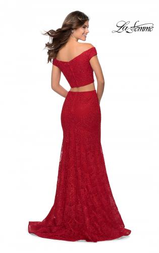 Picture of: Two Piece Lace Gown with Off the Shoulder Top in Red, Style: 28816, Detail Picture 2