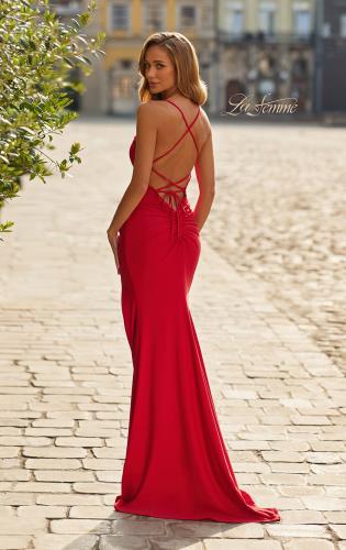 Picture of: Ruched Sweetheart Gown with Slit and Lace-Up Back in Red, Style: 33361, Detail Picture 2